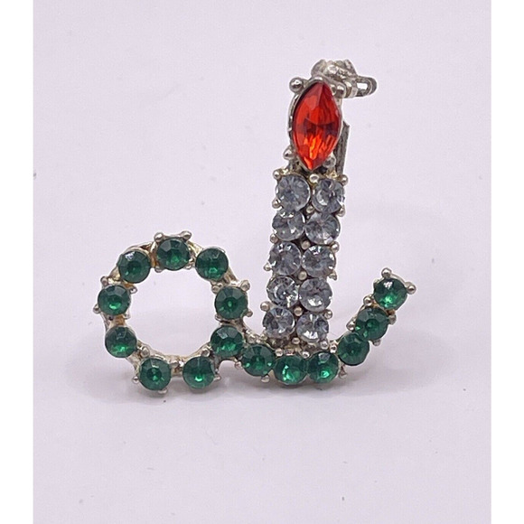Vintage Mini Christmas Pin Candle Candlestick Rhinestone Brooch Gift 1.25" - Picture 1 of 7
